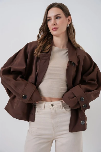 Oversize Kısa Trençkot 5977 - Kahverengi - Resim 3