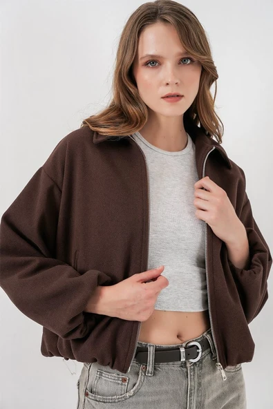 Büzgülü Oversize Kaşe Ceket 0728 - Kahverengi ürün görseli 1