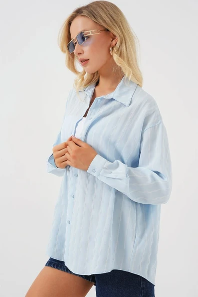 3900 Oversize Uzun Basic Gömlek - C.Mavi - Resim 4