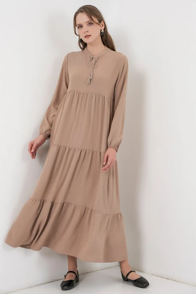 T1627 Yaka Bağcıklı Elbise - Y.Bej ürün görseli 1