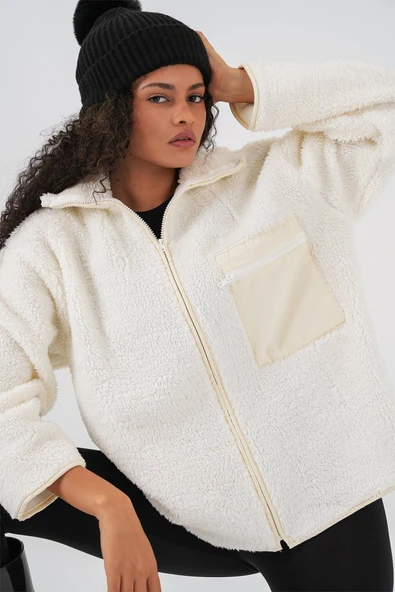 55446 Fermuarlı Oversize Peluş Mont - Bej ürün görseli 1