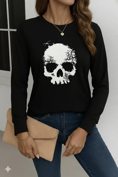 Kadın Uzun Kollu Bisiklet Yaka Kurukafa Desenli Viskon Bluz - Resim 3