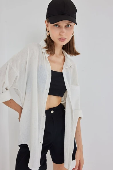 20153 Tek Cepli Oversize Keten Gömlek - Ekru - Resim 3