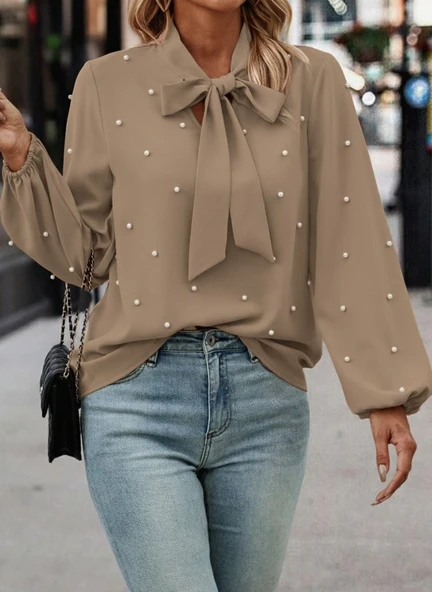 Kadın Uzun Kollu Yakadan Fiyonklu Incili Ithal Krep Bluz ürün görseli 1