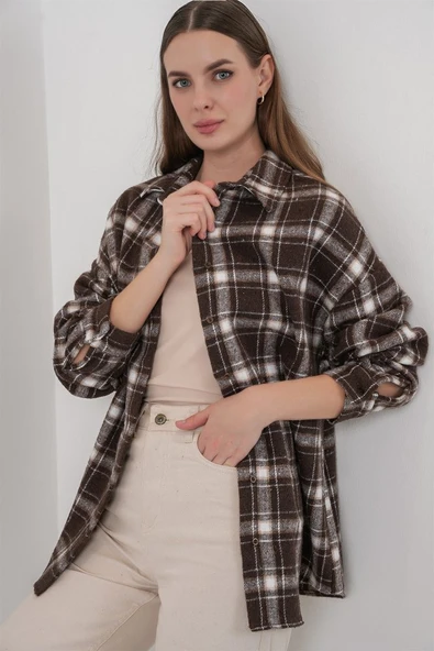 Ekose Desen Oversize Oduncu Gömlek 3854 C. Kahverengi - Resim 4