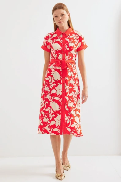 2455 Desenli Gömlek Elbise - Kırmızı - Resim 2