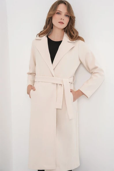 9118 Kruvaze Yaka Kaşe Kaban - Ekru - Resim 4