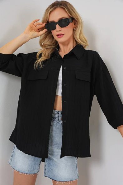 Cep Detaylı Kısa Kol Gömlek 20317 - Siyah ürün görseli 1