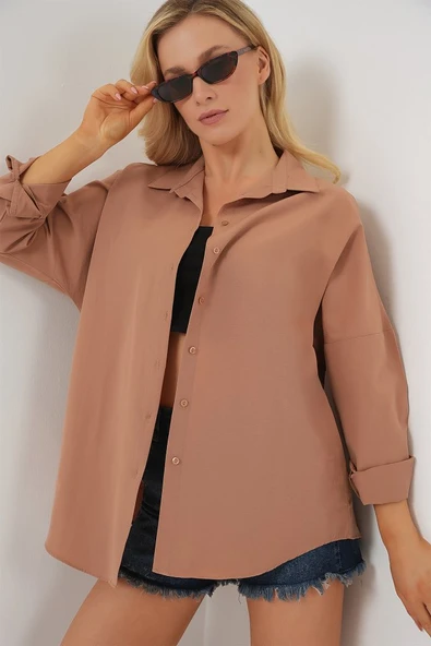 3900 Oversize Uzun Basic Gömlek - Camel ürün görseli 1