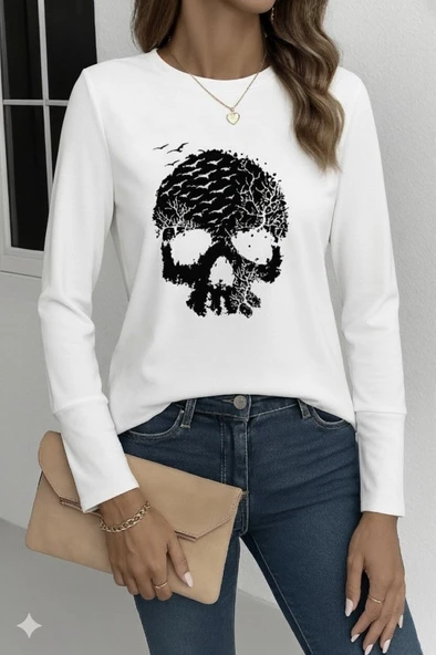 Kadın Uzun Kollu Bisiklet Yaka Kurukafa Desenli Viskon Bluz - Resim 3