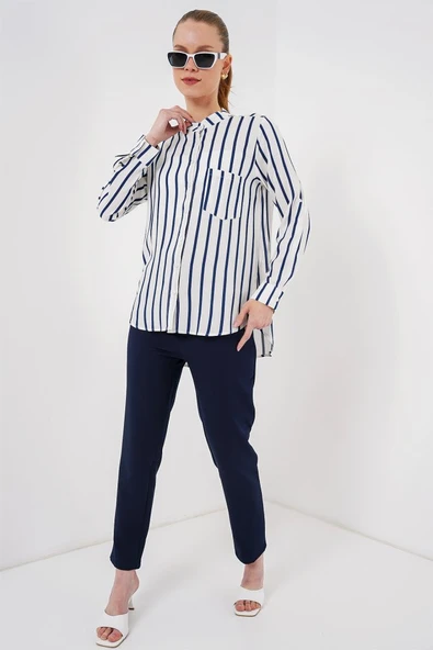 Uzun Kollu Çizgili Gömlek 20283 - B.Lacivert - Resim 2