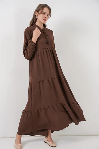 T1627 Yaka Bağcıklı Elbise - E. Kahve - Resim 4