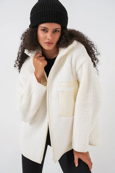 55446 Fermuarlı Oversize Peluş Mont - Bej - Resim 3