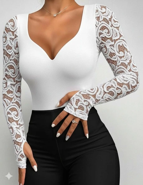 Kadın Uzun Kollu Dantelli Dekolte Detaylı Dalgıç Bluz - Resim 3