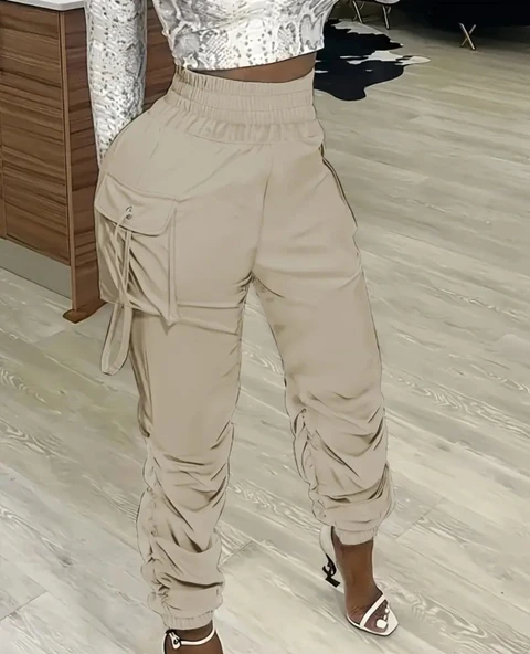 Kadın Yüksek Bel Beli Lastikli Kargo Cep Detaylı Gabardin Pantolon ürün görseli 1