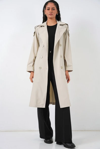 Kruvaze Yaka Trençkot 5978 - Taş - Resim 2