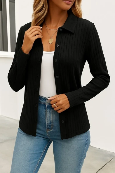 Kadın Uzun Kollu Yakalı önden Düğmeli Triko Ceket - Resim 3