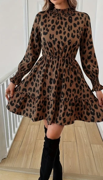 Kadın Uzun Kollu Yarı Balıkçı Yaka Leopar Desenli Modal Mini Elbise ürün görseli 1