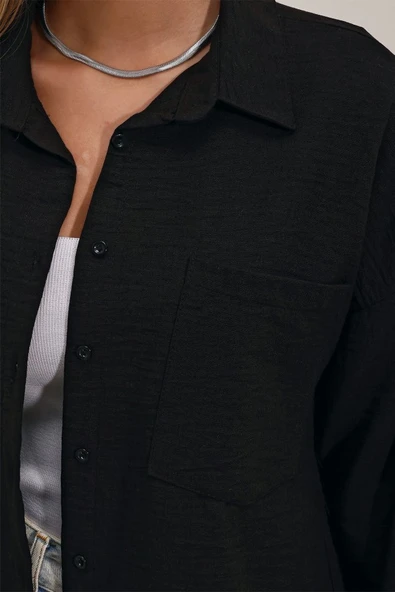 20153 Tek Cepli Oversize Keten Gömlek - Siyah - Resim 4