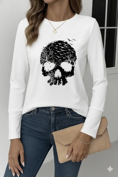 Kadın Uzun Kollu Bisiklet Yaka Kurukafa Desenli Viskon Bluz ürün görseli 1