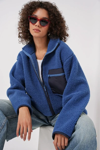 55446 Fermuarlı Oversize Peluş Ceket - Saks ürün görseli 1