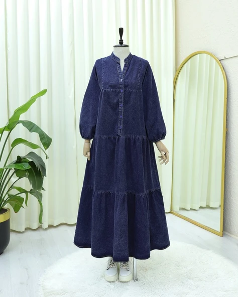 Yarım Düğmeli Kolu Lastikli Yarasa Kol Kot Elbise  -Laci ürün görseli 1