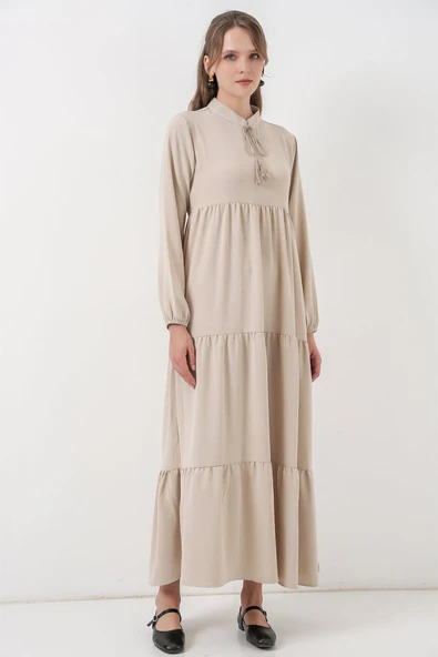 T1627 Yaka Bağcıklı Elbise - Taş - Resim 3