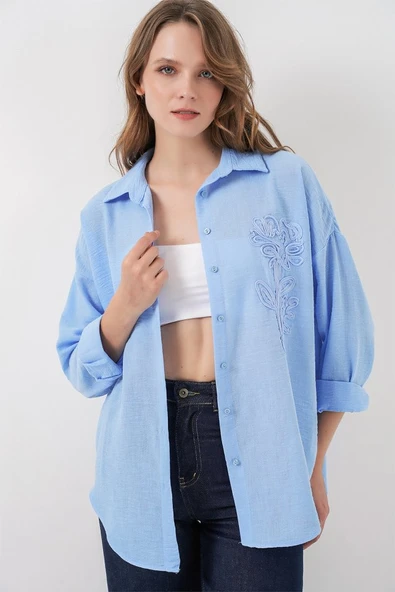 Nakışlı Oversize Gömlek 20338 - Mavi - Resim 3