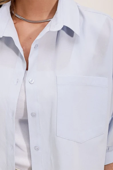 20213 Oversize Kısa Kol Basic Gömlek - Bebe Mavi - Resim 3