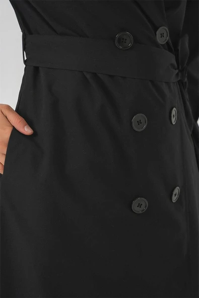 Kruvaze Yaka Trençkot 5978 - Siyah - Resim 4