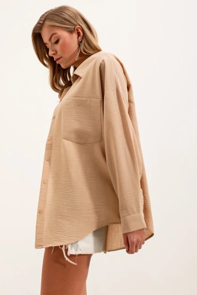 20153 Tek Cepli Oversize Keten Gömlek - A.Bej - Resim 2