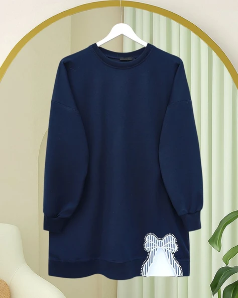 Yuvarlak Yaka Eteği Fiyonk Detaylı  Salaş Penye Tunik  -Laci ürün görseli 1