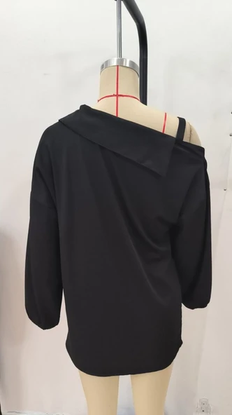 Kadın Tek Omuzdan Açık Askılı Uzun Kollu Yakalı önden Düğmeli Gömlek - Resim 7