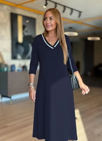 Kadın Uzun Kollu V Yakalı Midi Modal Elbise ürün görseli 1