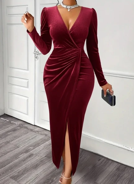 Kadın Uzun Kollu Kruvaze Yaka önünden çapraz Detaylı Uzun Kadife Elbise ürün görseli 1