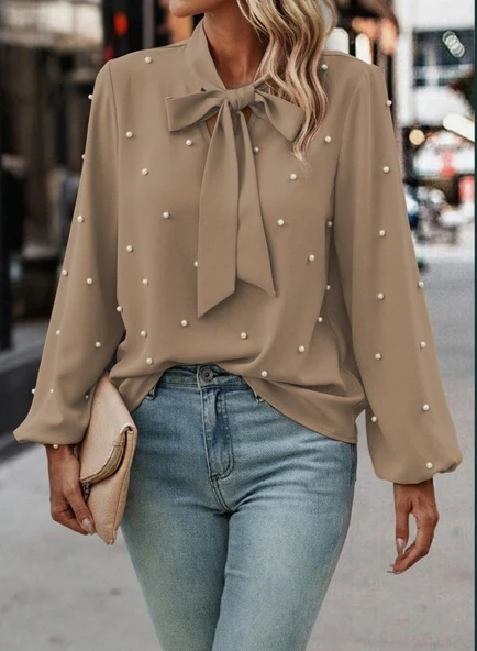 Kadın Uzun Kollu Yakadan Fiyonklu Incili Ithal Krep Bluz - Resim 2