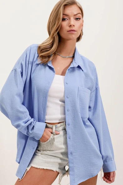 20153 Tek Cepli Oversize Keten Gömlek - Mavi ürün görseli 1