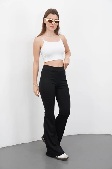 Kadın Yüksek Bel Krep Kumaş Bol Paça Pantolon - Resim 5