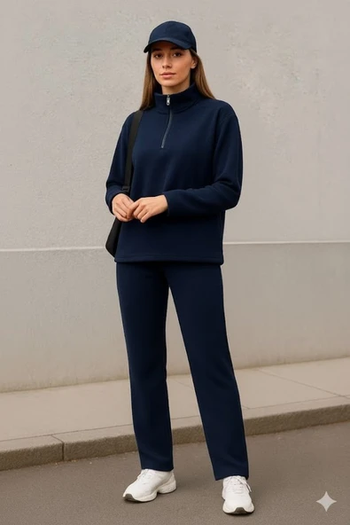 Kadın Balıkçı Yaka Fermuar Detay Polar Sweat Ve Pantolon Ikili Takım - Resim 2