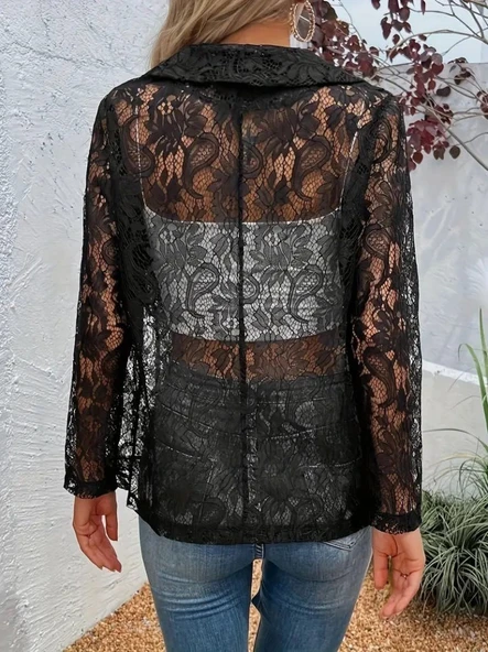 Kadın Uzun Kollu Yakalı önü Açık Dantelli Ceket - Resim 3
