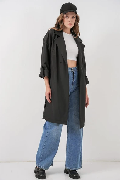 9104 Kruvaze Yaka Astarlı Trençkot - Siyah - Resim 2