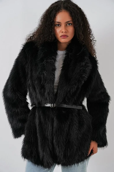 Kemerli Oversize Kürklü Kaban 9156 - Siyah ürün görseli 1