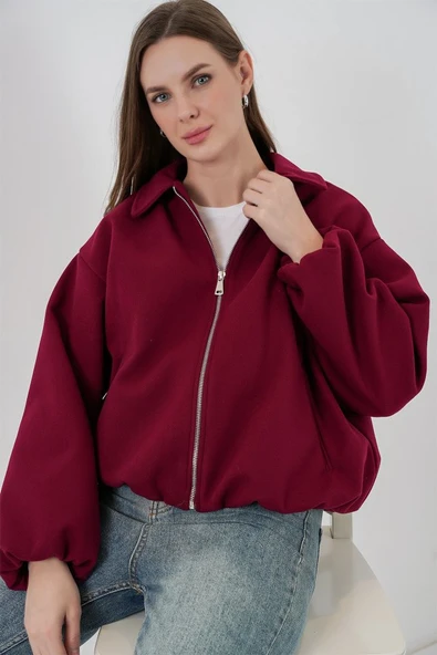 Büzgülü Oversize Kaşe Ceket 0728 - Bordo - Resim 3