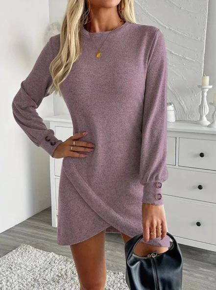 Kadın Uzun Kollu Bisiklet Yaka önden Asimetrik Kesim Detaylı Mini Yumoş Elbise - Resim 4