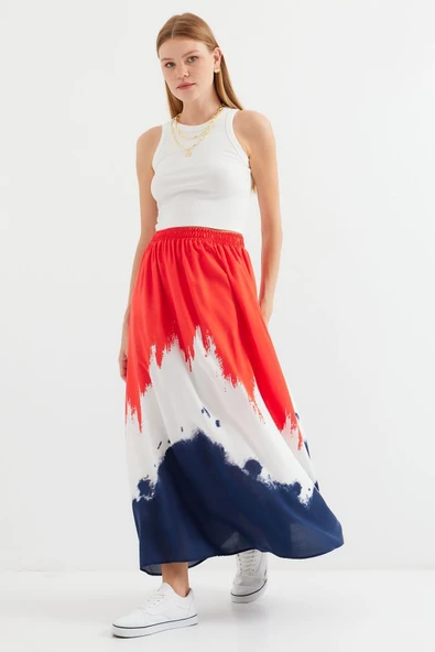 8025 Desenli Uzun Viskon Etek - Kırmızı - Resim 3