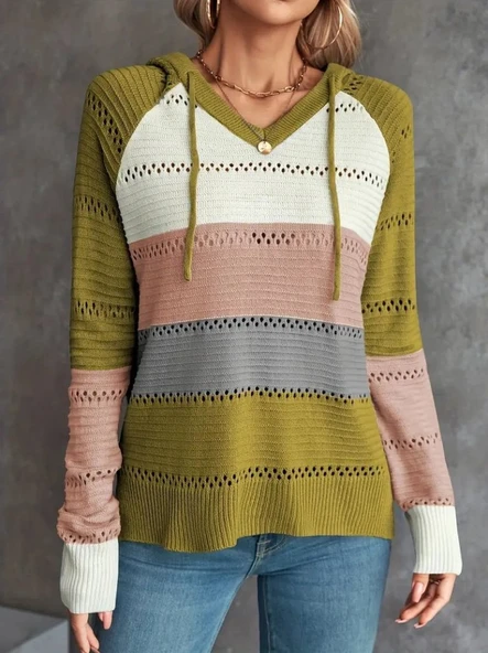 Kadın Uzun Kollu V Yakalı Bağcıklı Kapşonlu Triko Bluz - Resim 3