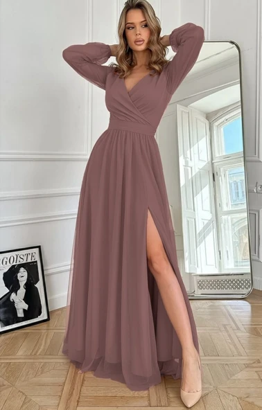 Kadın Uzun Kollu Kruvaze Yakalı Belden Kuşaklı Tüllü Uzun Ithal Krep Elbise ürün görseli 1