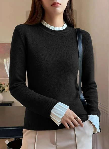 Kadın Uzun Kollu Fırfırlı Yakalı Triko Bluz - Resim 4