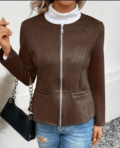 Kadın Uzun Kollu Yuvarlak Yaka önden Fermuarlı Süet Ceket - Resim 3