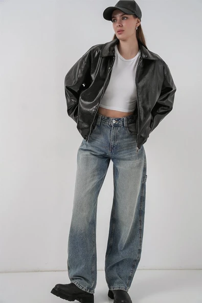 Oversize Suni Deri Ceket 1049 - Siyah - Resim 3